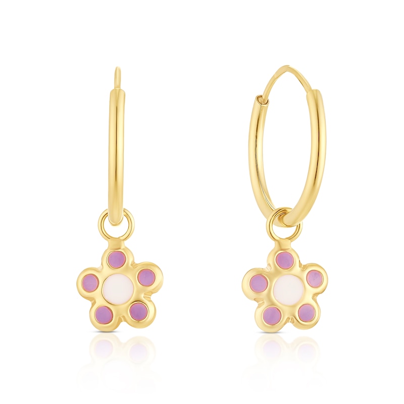 Main Image 1 of Children's 9ct Yellow Gold Enamel Flower Drop Huggie Hoop Earrings