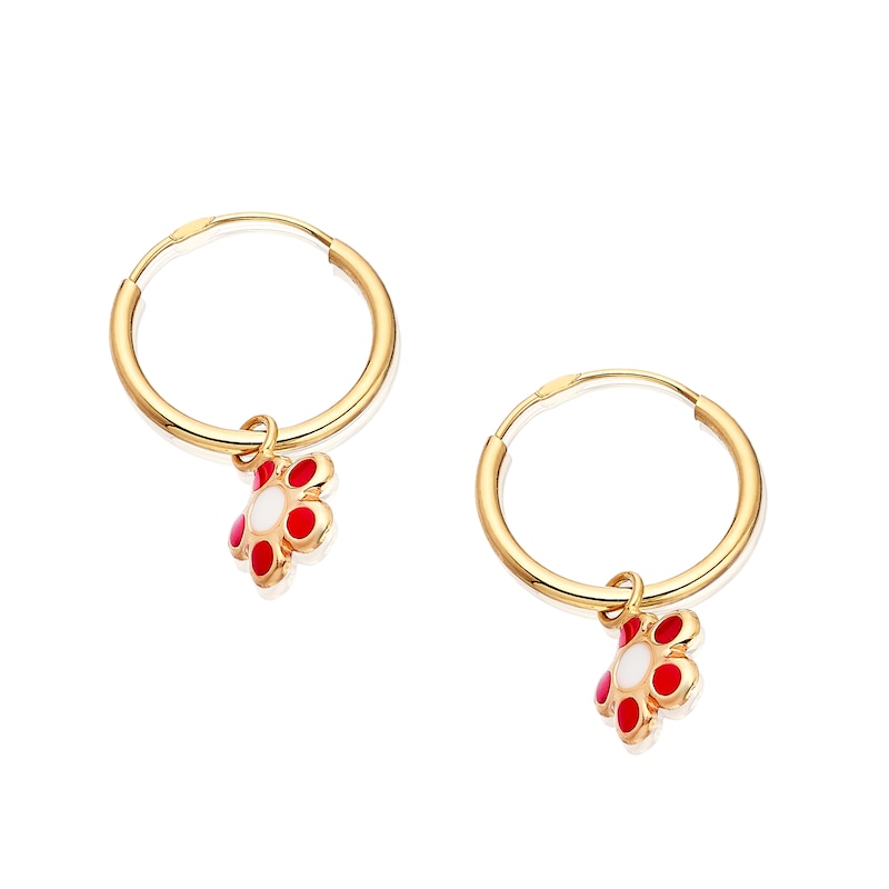 Main Image 2 of Children's 9ct Yellow Gold Enamel Flower Drop Huggie Hoop Earrings