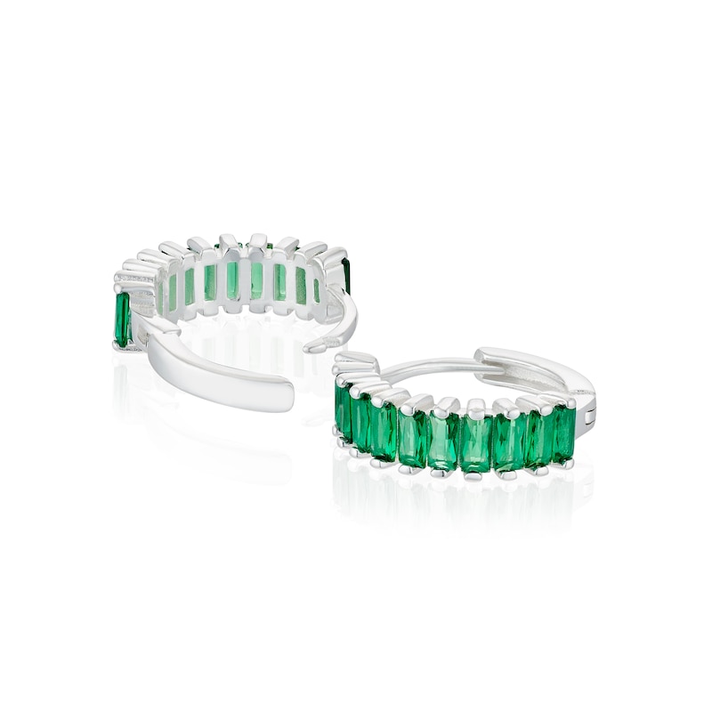 Main Image 2 of Sterling Silver Green Glass Baguette Cut Hoop Earrings