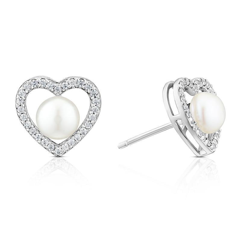 Main Image 1 of Sterling Silver Heart Pearl & Cubic Zirconia Stud Earrings