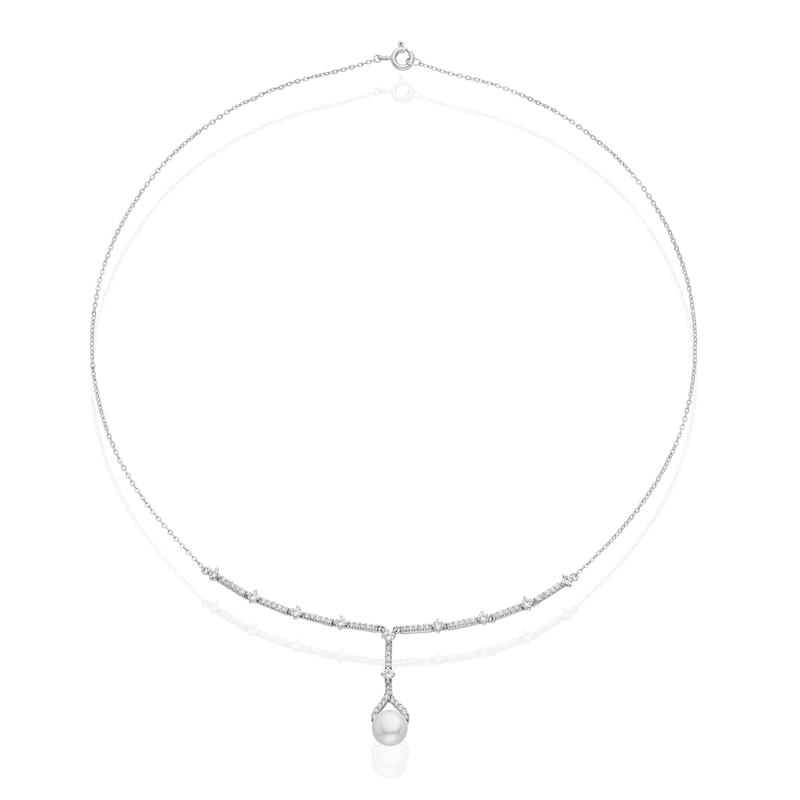 Main Image 2 of Sterling Silver Pearl & Cubic Zirconia Pendant 18 Inch Lariat Necklace