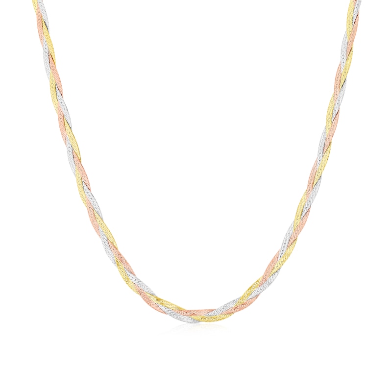 Main Image 1 of 9ct Tri Colour Gold 3 Plait Diamond Cut Herringbone 17 Inch Chain