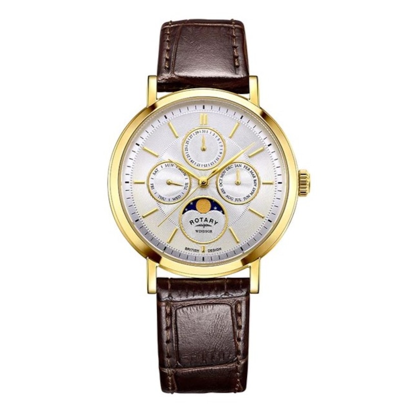 Main Image 1 of Rotary Moonphase Men's Silver Dial Brown Leather Strap Watch