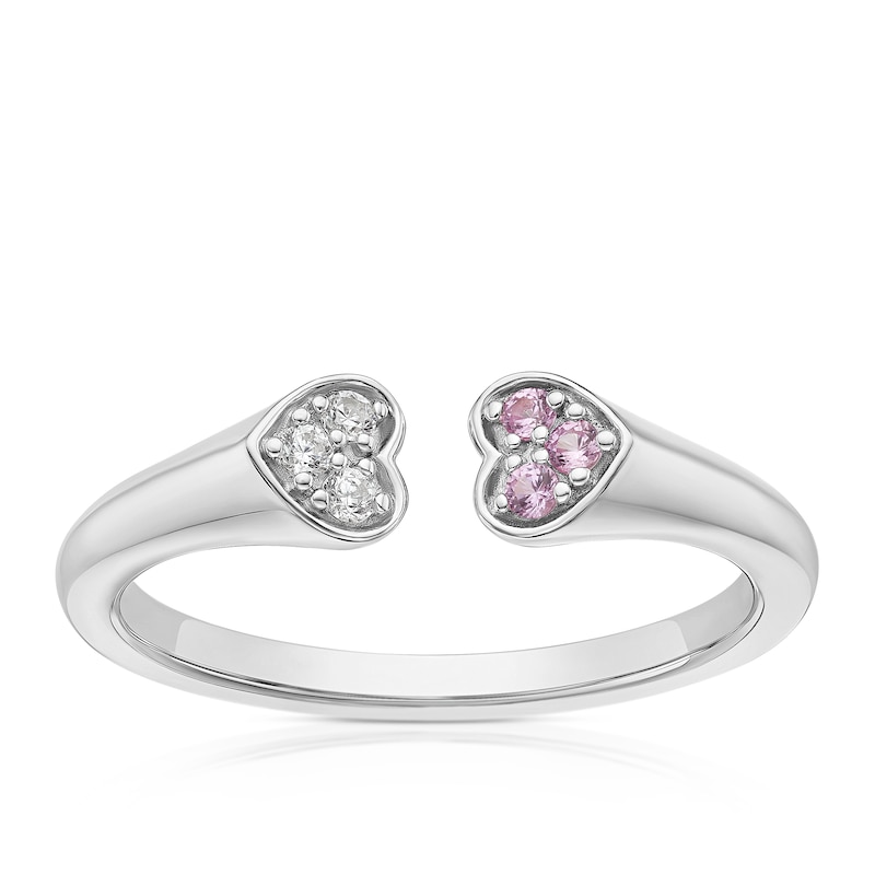 Main Image 1 of Sterling Silver Created Pink Sapphire & Cubic Zirconia Open Heart Ring