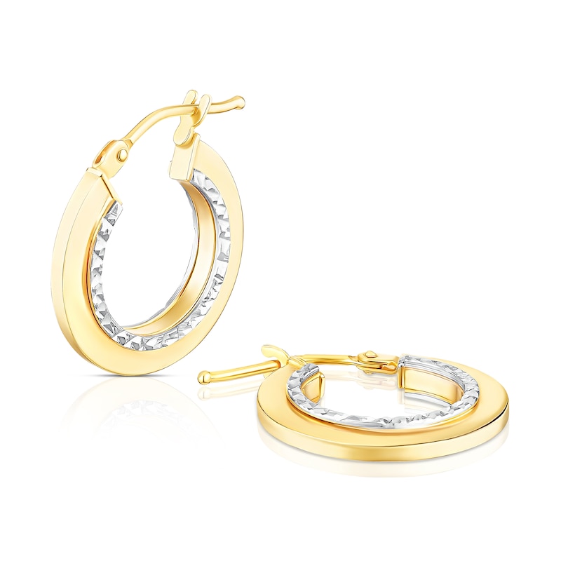 Main Image 1 of 9ct Yellow & White Gold Diamond Cut Inside Detail Hoop Earrings