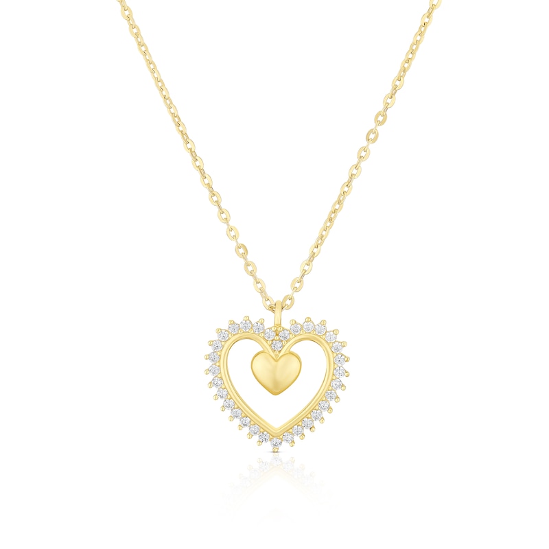 Main Image 1 of 9ct Yellow Gold Cubic Zirconia Open Heart Pendant 16+2 Inch Necklace