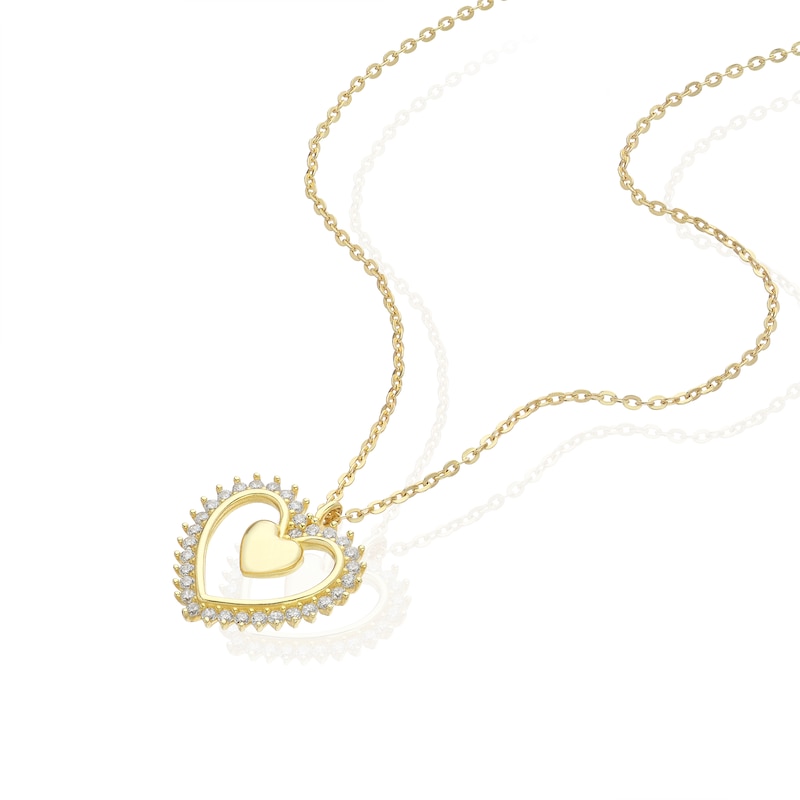 Main Image 2 of 9ct Yellow Gold Cubic Zirconia Open Heart Pendant 16+2&quot; Necklace