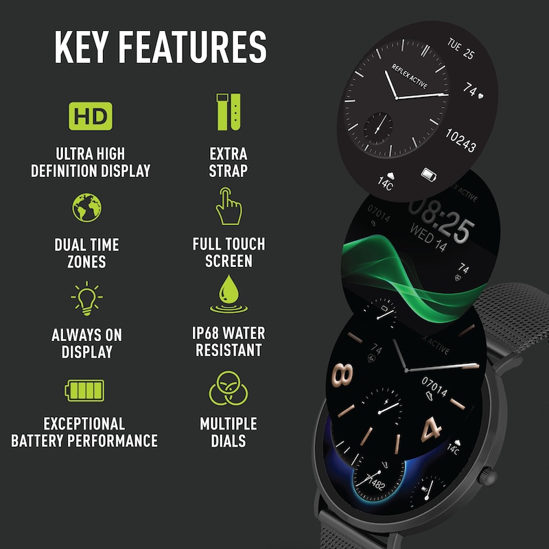 Main Image 2 of Reflex Active Series 42 Amoled Ultra Slim Black Mesh & Grey Silicone Strap Smart Watch