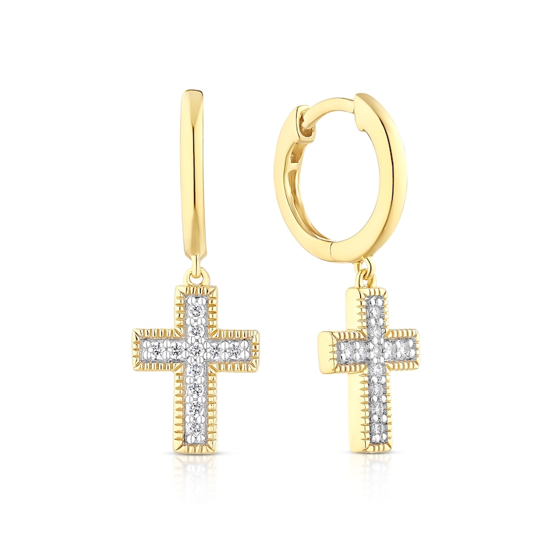 Main Image 1 of Sterling Silver & 18ct Gold Plated Vermeil Men's CZ Cross Drop Hoop Earrings