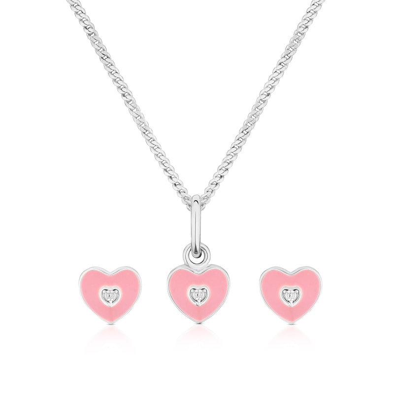 Main Image 1 of Sterling Silver Children's Pink Enamel & CZ Heart Earring & 14+2&quot; Pendant Set