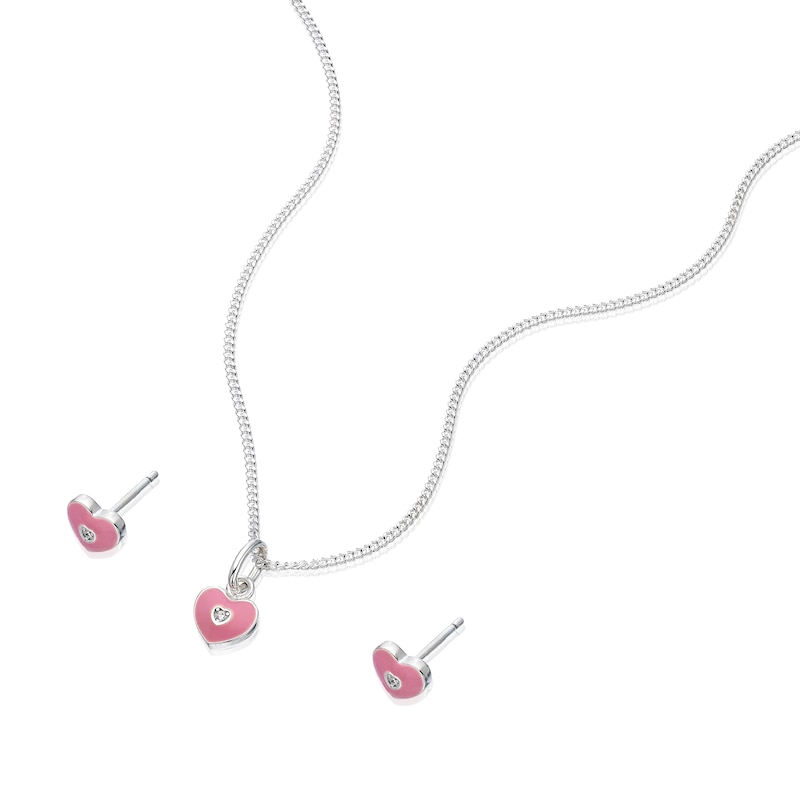 Main Image 2 of Sterling Silver Children's Pink Enamel & CZ Heart Earring & 14+2&quot; Pendant Set