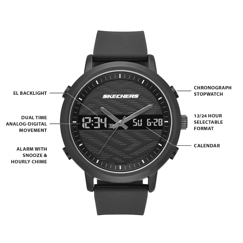 Main Image 3 of Skechers Lawndale Men's Dual Digital Dial Black Silicone Strap Watch