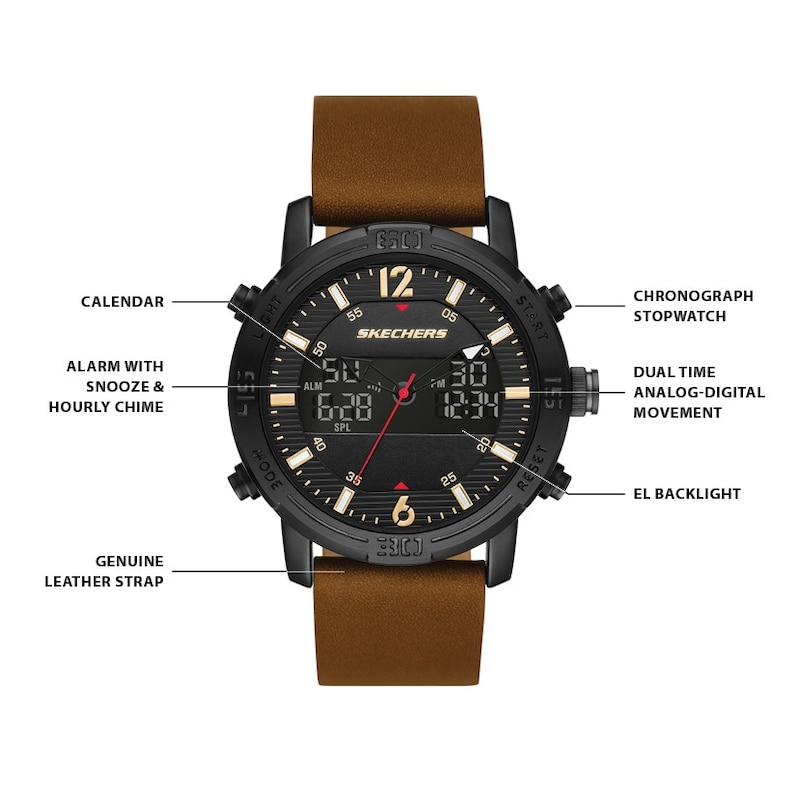 Main Image 4 of Skechers Redlands Men's Black Dual Digital Dial Brown Leather Strap Watch