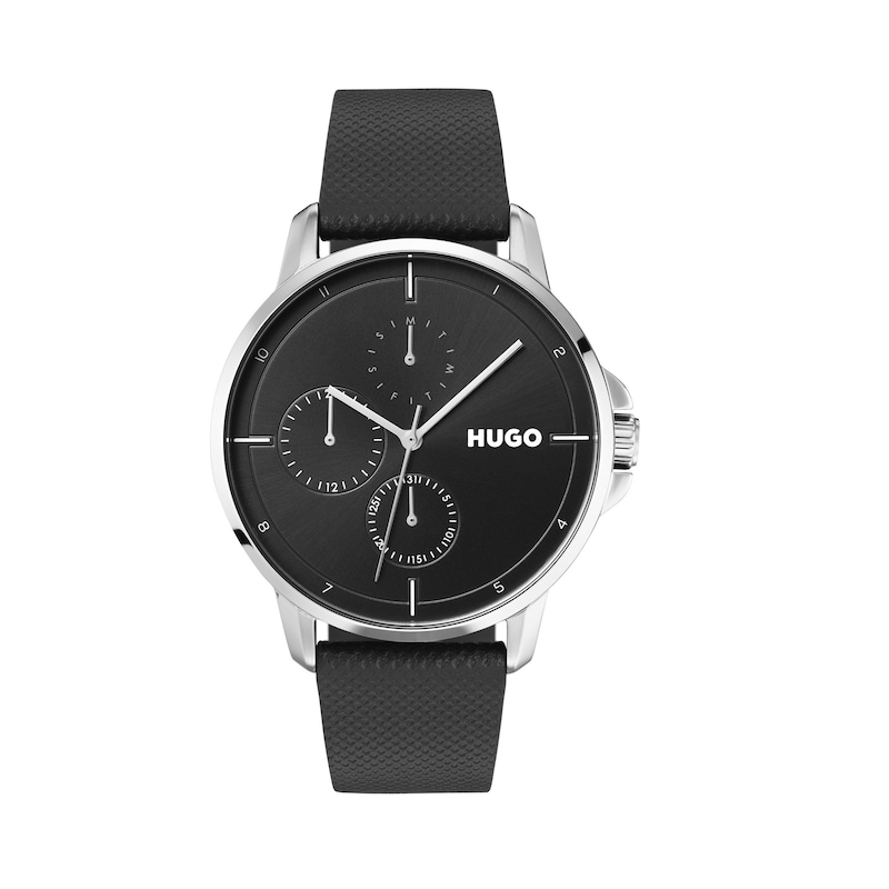 Main Image 1 of HUGO #Focus Men's Stainless Steel & Black Leather Strap Watch