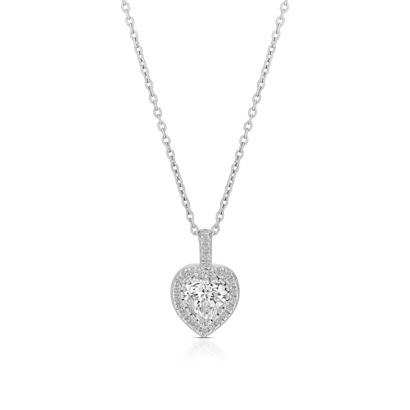 Main Image 1 of Sterling Silver Platinum Plated Pavé Set CZ Heart Halo Pendant 16+2&quot; Necklace