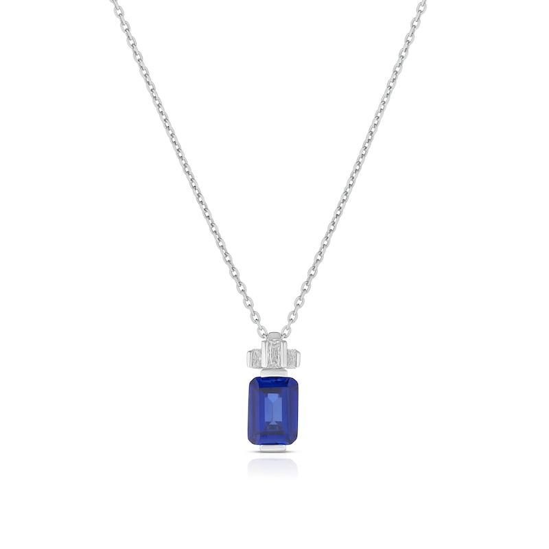 Main Image 1 of Sterling Silver Platinum Plated Blue Emerald Cut Cubic Zirconia Pendant 16+2&quot; Necklace