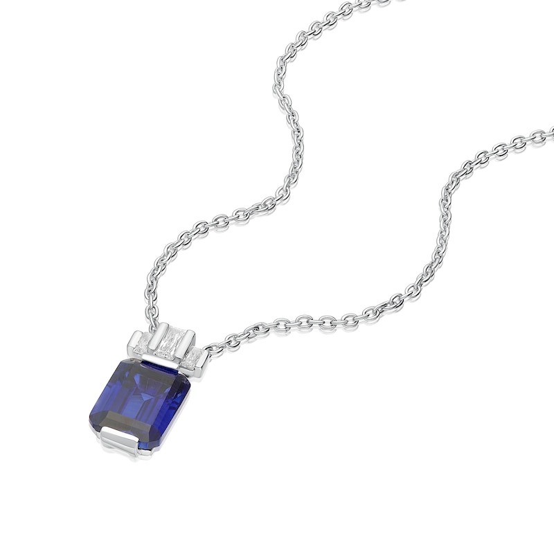 Main Image 2 of Sterling Silver Platinum Plated Blue Emerald Cut Cubic Zirconia Pendant 16+2&quot; Necklace