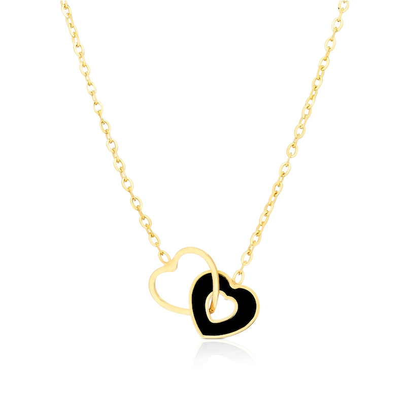 Main Image 1 of 9ct Yellow Gold Linked Onyx Heart Adjustable 15.5+1&quot; Necklace