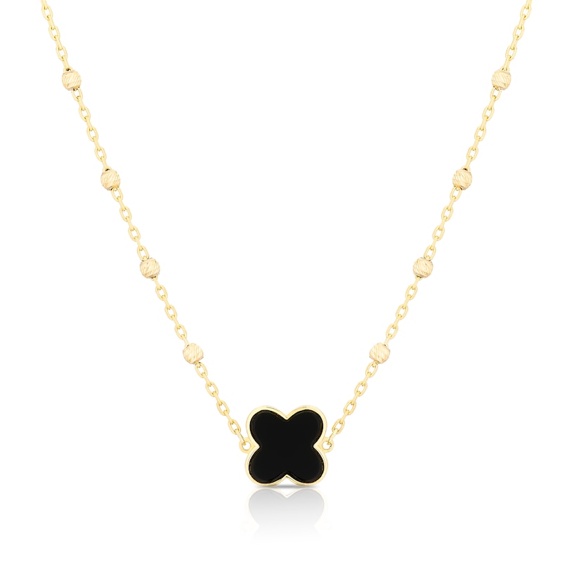 Main Image 1 of 9ct Yellow Gold Onyx Clover Ball Pendant 16+1&quot; Necklace