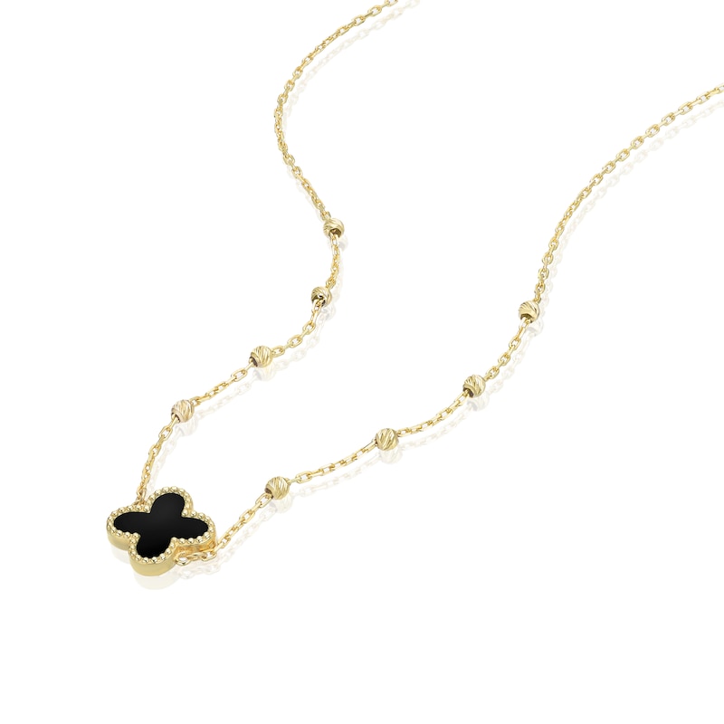 Main Image 2 of 9ct Yellow Gold Onyx Clover Ball Pendant 16+1&quot; Necklace