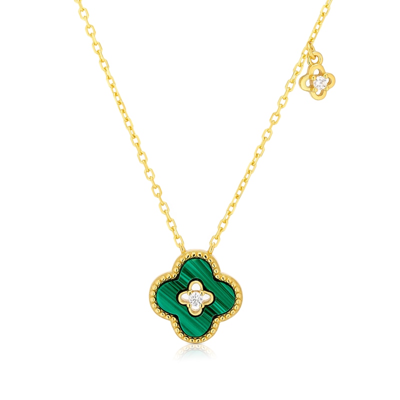 Main Image 1 of Sterling Silver Gold Plated Clover Malachite & CZ Charm 16.5+1&quot; Necklace