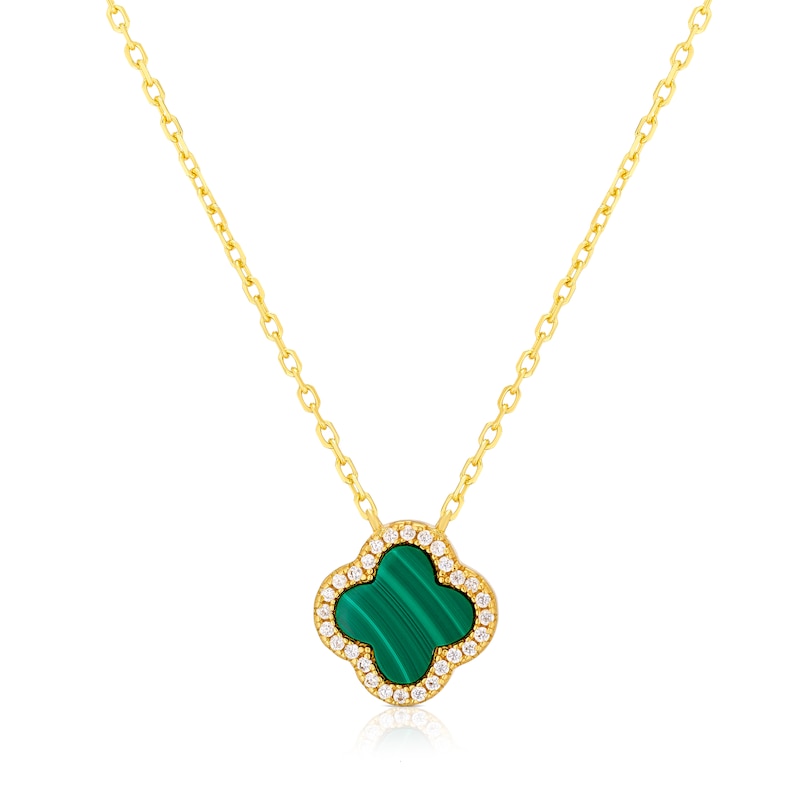 Main Image 1 of Sterling Silver Gold Plated Clover Malachite & CZ Pendant 16.5+1&quot; Necklace