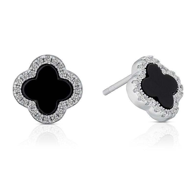 Main Image 1 of Sterling Silver Rhodium Plated Black Agate Clover Stud Earrings