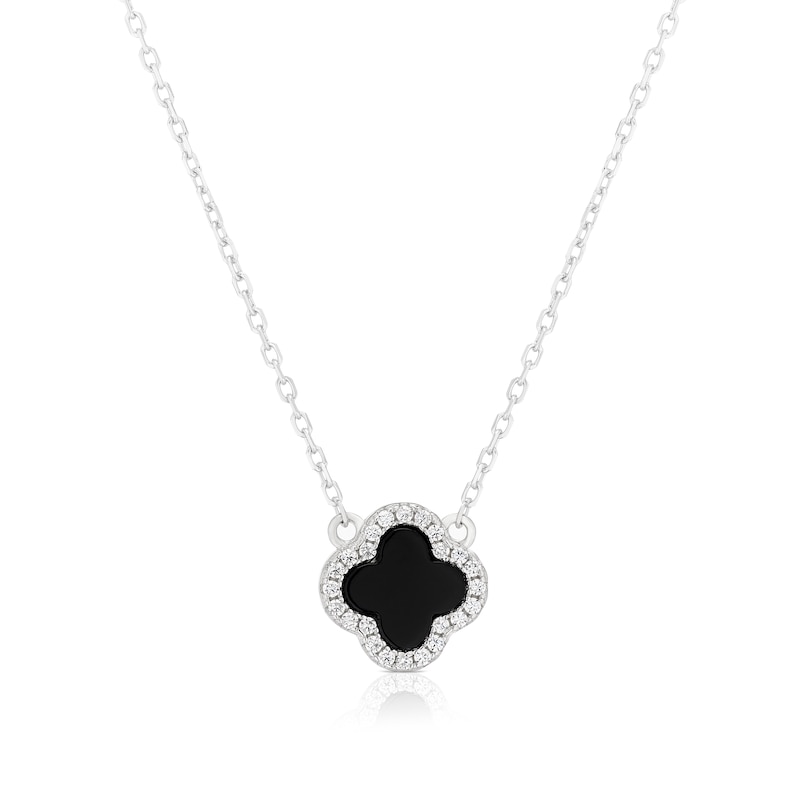 Main Image 1 of Sterling Silver Rhodium Plated Black Agate Clover & CZ Pendant 15.75+2&quot; Necklace