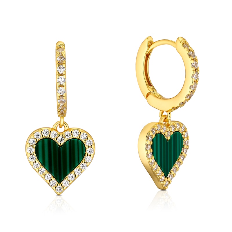 Main Image 1 of Sterling Silver Gold Plated Heart Malachite & CZ Hoop Drop Earrings