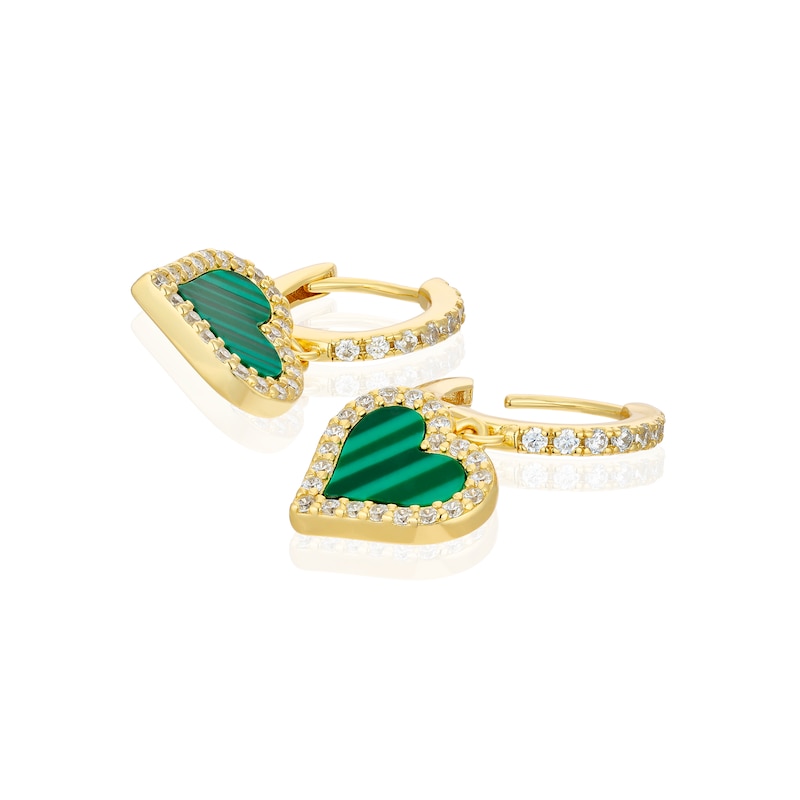 Main Image 2 of Sterling Silver Gold Plated Heart Malachite & CZ Hoop Drop Earrings