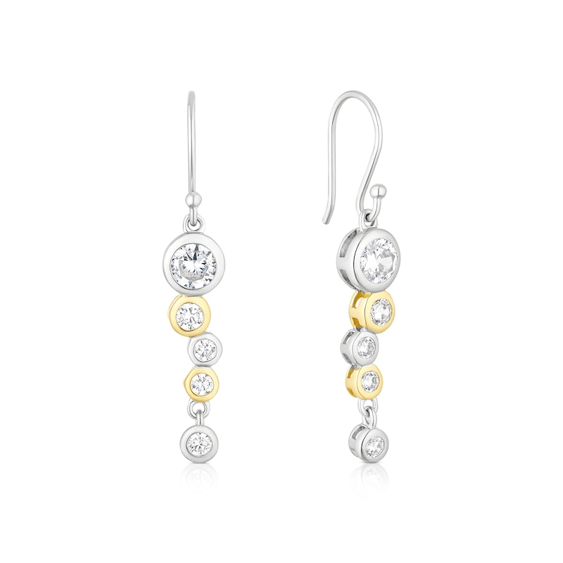 Main Image 1 of Sterling Silver & Gold Plate Round Bezel Set Cubic Zirconia Drop Earrings