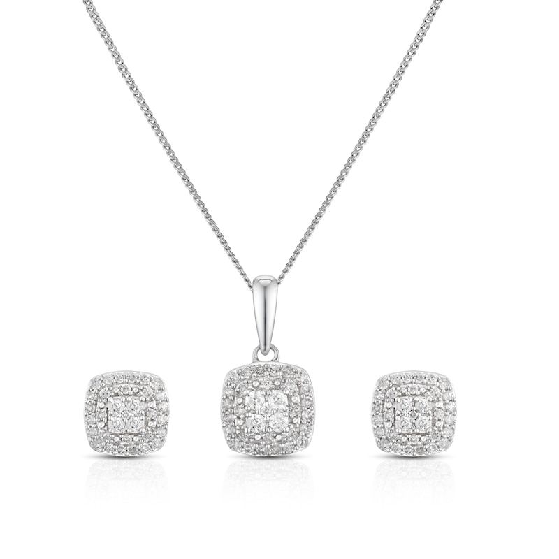 Main Image 1 of 9ct White Gold 0.33ct Diamond Square Cluster Earring & Necklace Box Set