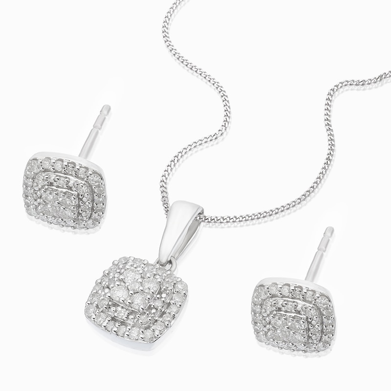 Main Image 2 of 9ct White Gold 0.33ct Diamond Square Cluster Earring & Necklace Box Set