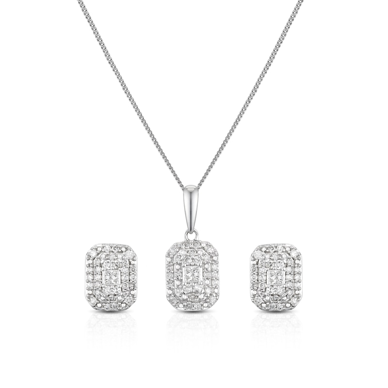 Main Image 1 of 9ct White Gold 0.33ct Diamond Princess Cut Earring & Necklace Box Set