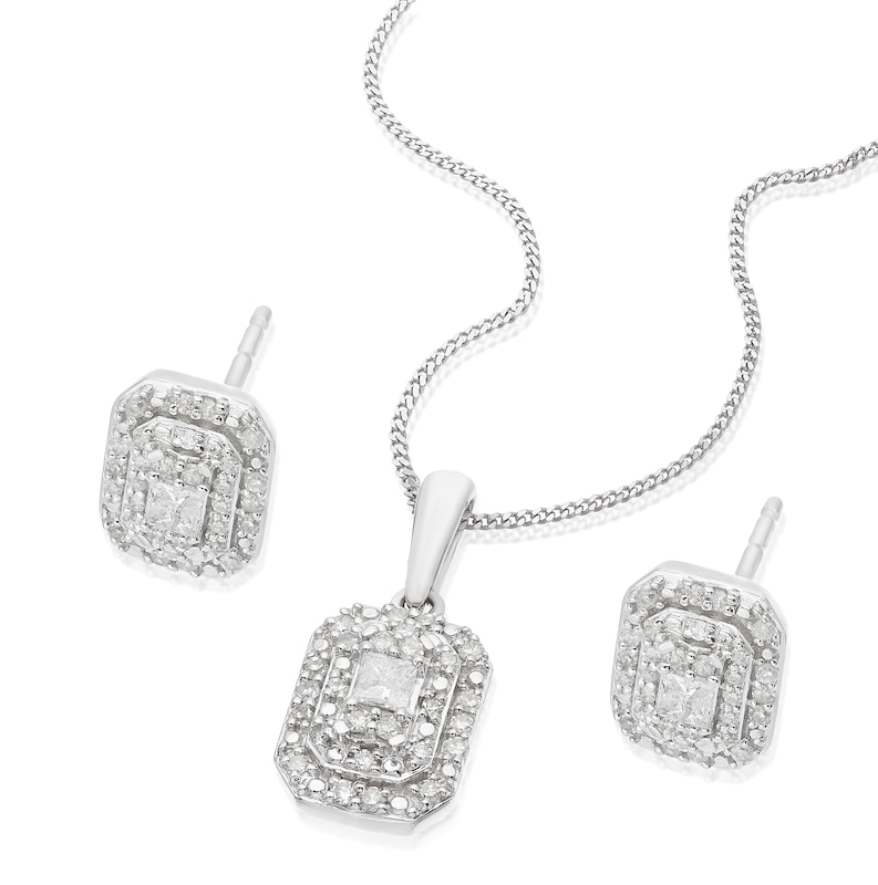 Main Image 2 of 9ct White Gold 0.33ct Diamond Princess Cut Earring & Necklace Box Set