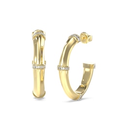 Guess Bamboo & Crystal 32mm Gold Tone Hoop Earrings