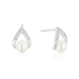 Sterling Silver Cubic Zirconia & Cultered Freshwater Pearl Teardrop Stud Earrings