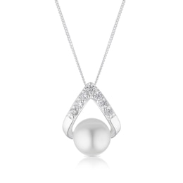 Sterling Silver CZ & Cultered Freshwater Pearl Pearl Teardrop Pendant 16+2" Necklace