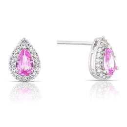 Sterling Silver Pear Created Pink Sapphire Halo Stud Earrings