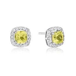 Sterling Silver Cushion Created White & Yellow Sapphire Halo Stud Earrings