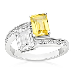 Sterling Silver Created White & Yellow Sapphire Emerald Cut Two Stone Twist Ring