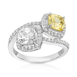 Sterling Silver Created White & Yellow Sapphire Cushion Halo Two Stone Twist Ring