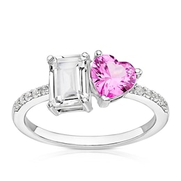 Sterling Silver Created White & Pink Sapphire Emerald Cut Heart Ring