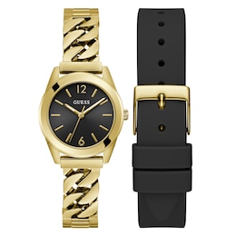 Guess Ladies' Black Dial Gold Tone Bracelet Watch & Extra Black Silicone Strap