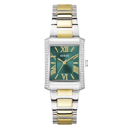 Guess Ladies' Rectangular Green Dial Two Tone Stainless Steel Bracelet Watch