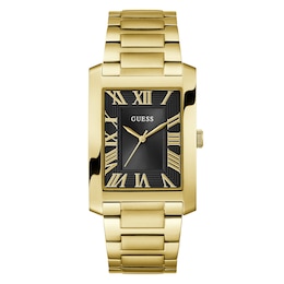 Guess Men's Rectangular Black Dial Gold Tone Bracelet Watch