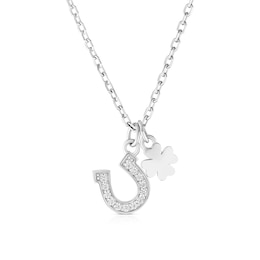 Sterling Silver Rhodium Plated Cubic Zirconia Horseshoe Clover Pendant 17+1" Necklace