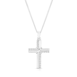 Sterling Silver Rhodium Plated Cubic Zirconia Cross Pendant 18" Necklace