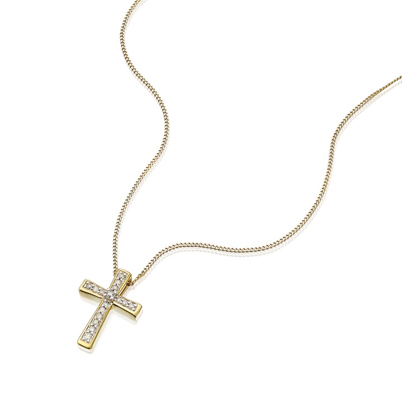 Main Image 2 of 9ct Yellow Gold Diamond Cross Pendant Necklace