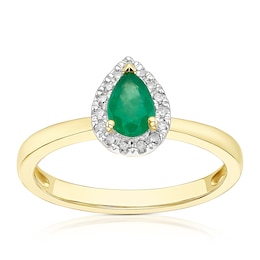 9ct Yellow Gold Diamond & Emerald Pear Ring